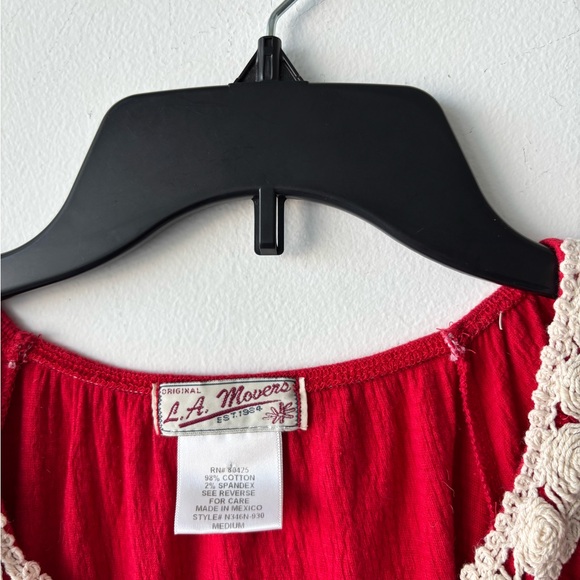 VTG LA Movers Top Red Crochet Short Sleeve Gauze Cotton Women M Boho Cottagecore - Picture 4 of 7